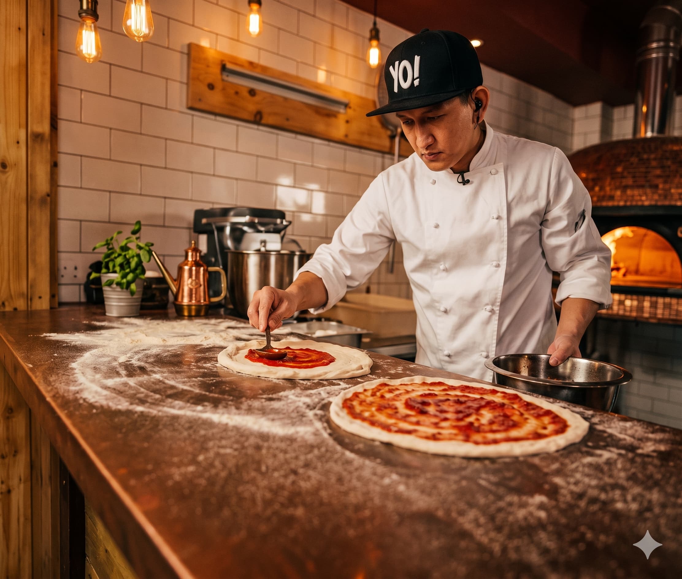Professional chef spreading tomato sauce on fresh pizza dough on a floured wooden counter inside Munch Time Cafe, Bharatpur.