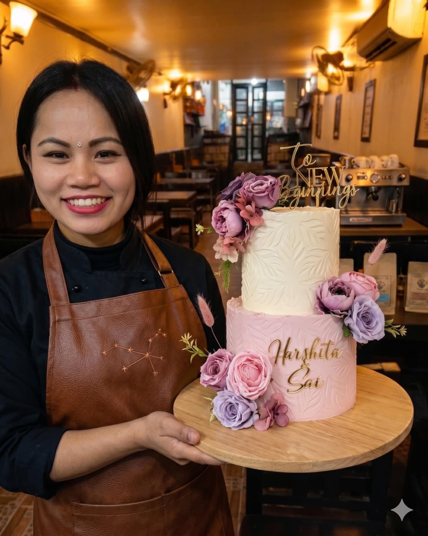 Customized two-tier floral engagement cake by Munch Time Cafe Bharatpur, featuring white and pink textured buttercream, pastel flowers, and a golden