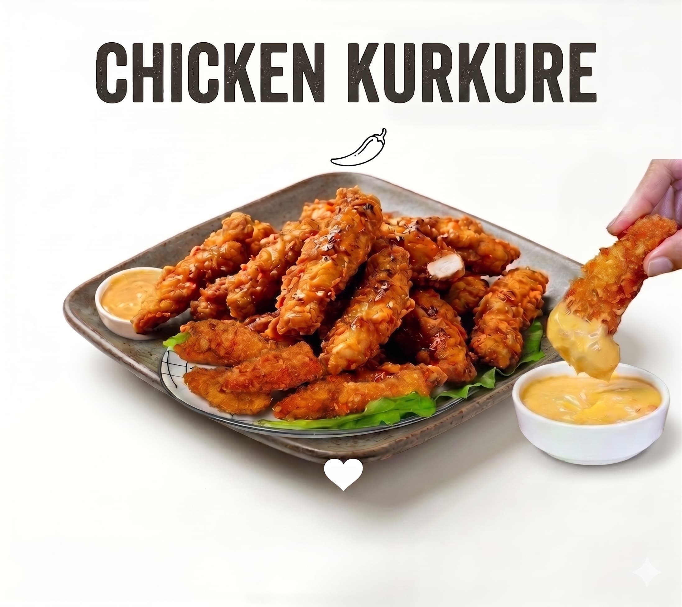 A plate of crispy fried Chicken Kurkure served with a creamy dipping sauce, garnished with green lettuce, featuring a hand dipping a chicken piece into the sauce. Text highlights it as a spicy, tangy, and umami-rich side dish perfect for drink pairing.